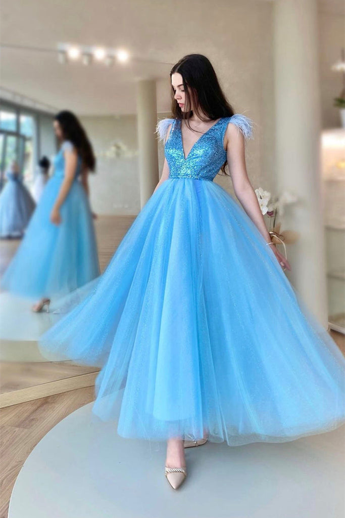 V Neck Shiny Sequins Blue Tulle Tea Length Prom Dress, Blue Tulle Home –  abcprom